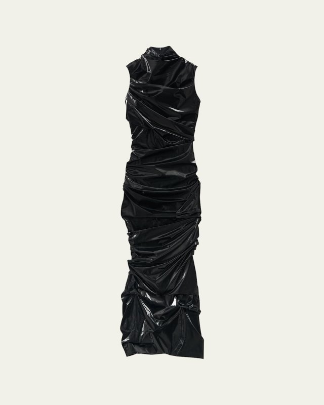 High-Neck Laminated Jersey Wrap Dress