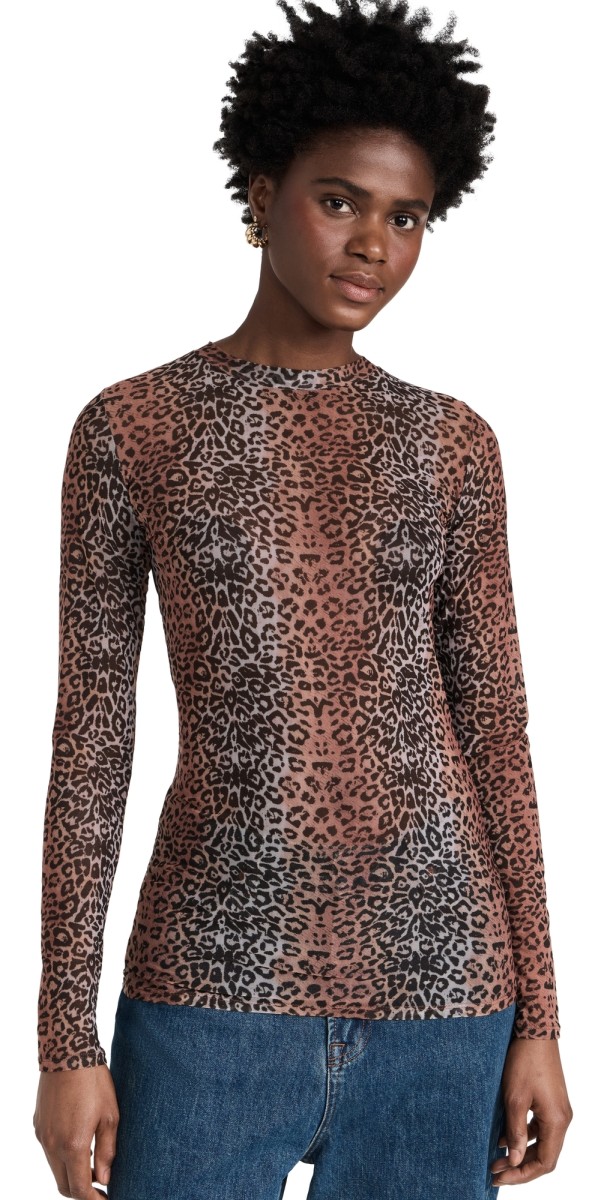BruceGlen Linear Leopard Mesh Long Sleeve Tee Brown