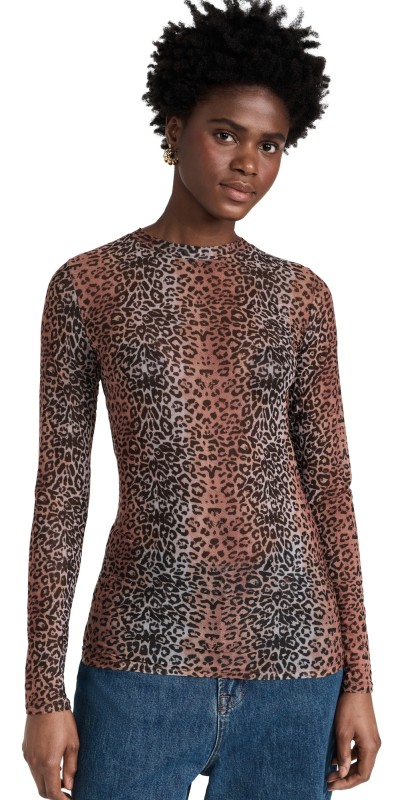 BruceGlen Linear Leopard Mesh Long Sleeve Tee Brown