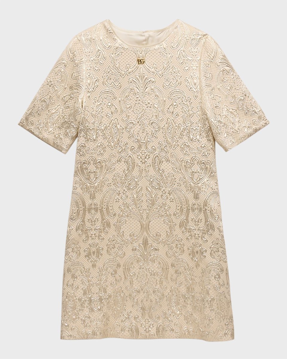 Girl's Short-Sleeve Brocade Dress, Size 8-12