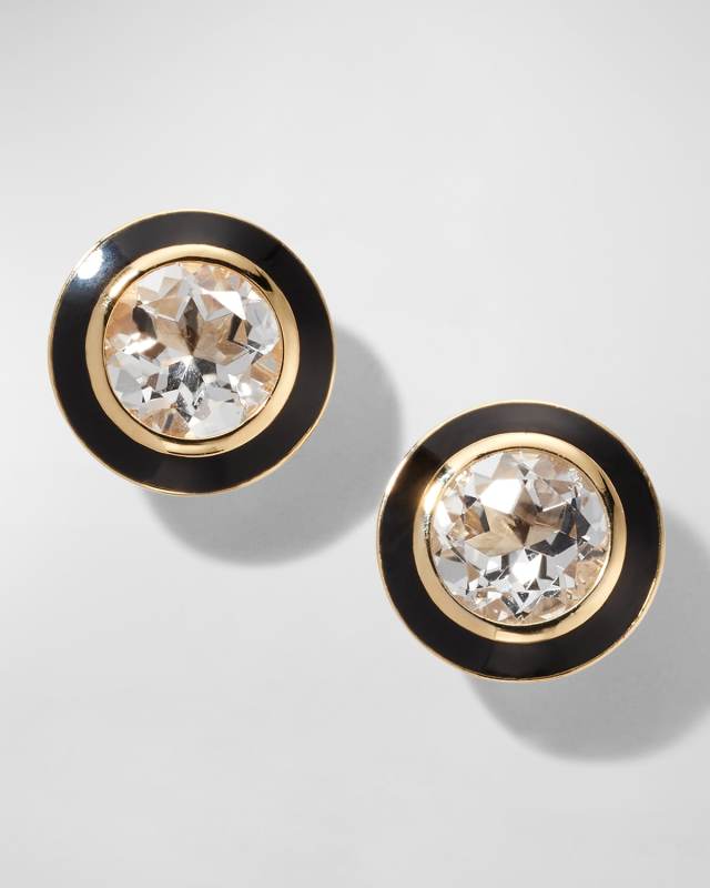 18K Queen Round Rock Crystal and Black Enamel Stud Earrings