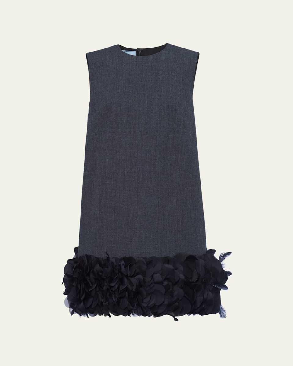Mat Feather-Hem Mini Dress with Crystal Buttons