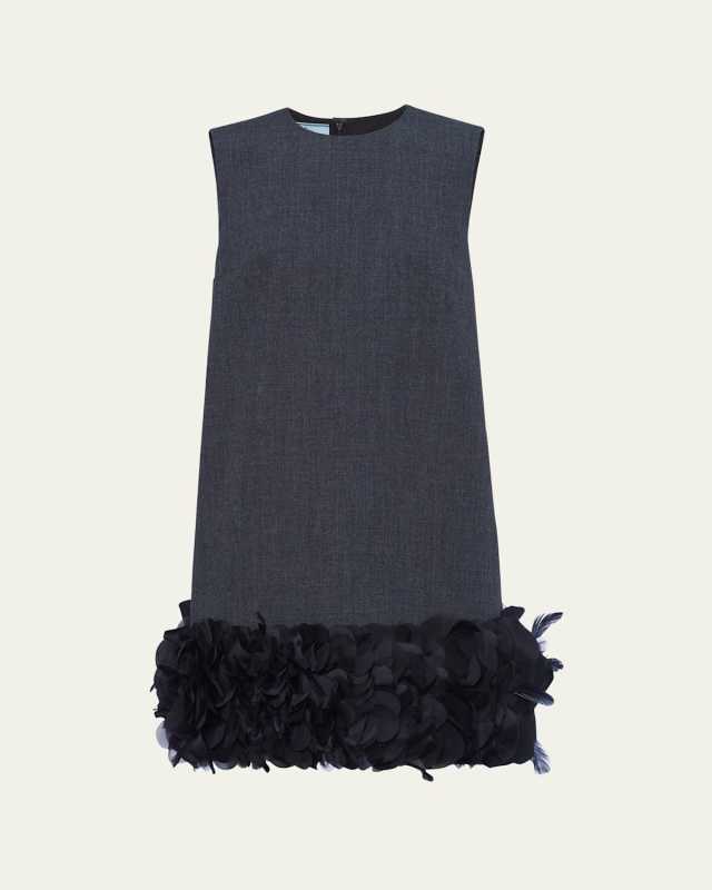 Mat Feather-Hem Mini Dress with Crystal Buttons