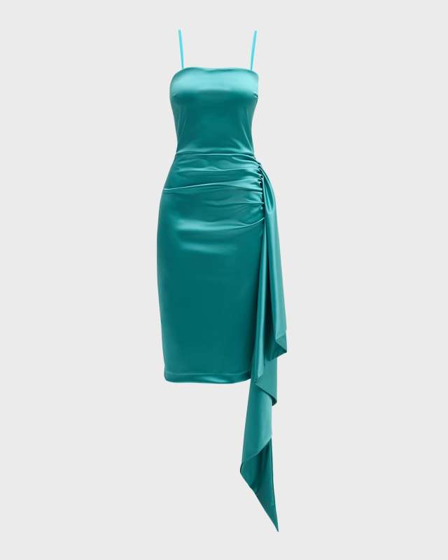 Strapless Draped Bodycon Satin Midi Dress