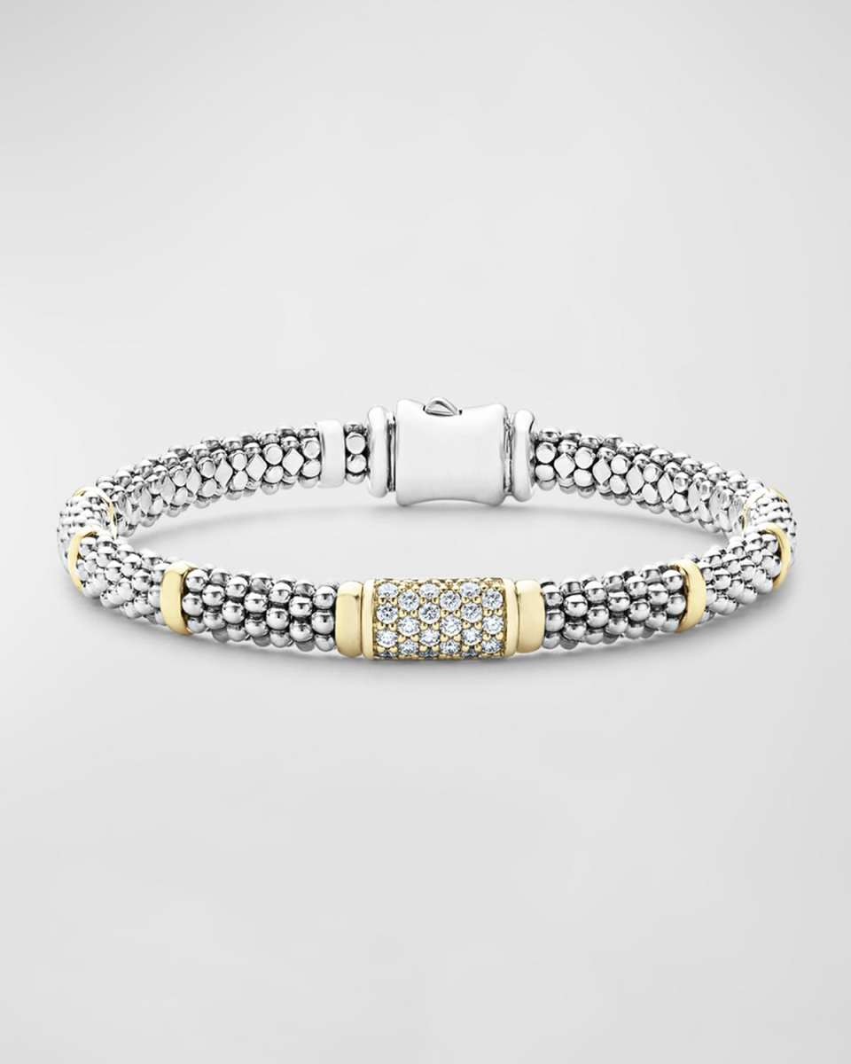 6mm 18K Gold Station on Sterling Silver Caviar Bead Bracelet with Pavé Diamonds
