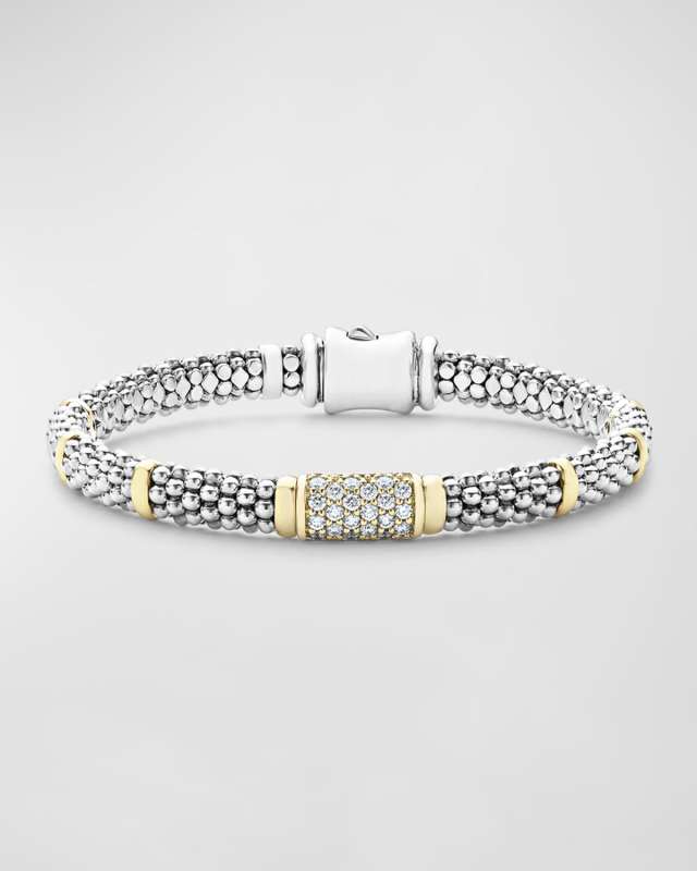 6mm 18K Gold Station on Sterling Silver Caviar Bead Bracelet with Pavé Diamonds