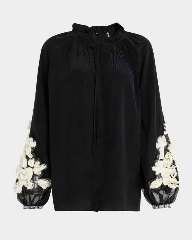 Carlin Blouson-Sleeve Floral Applique Blous
