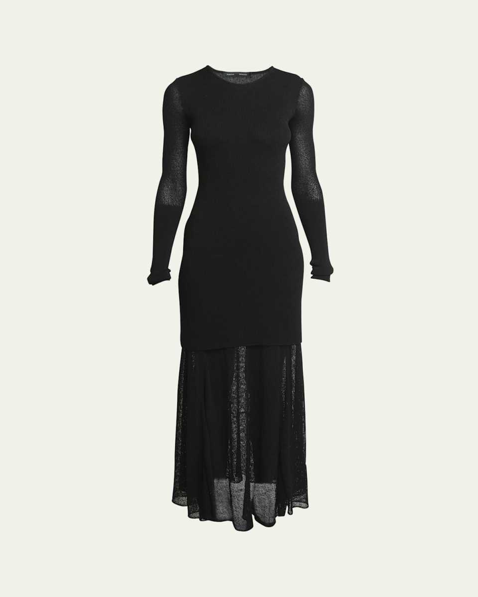 Anita Long-Sleeve Sheer Open-Knit Layered Maxi Dress