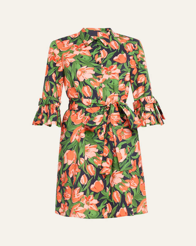 Belted Mini Shirtdress with Bow Flounce Sleeves