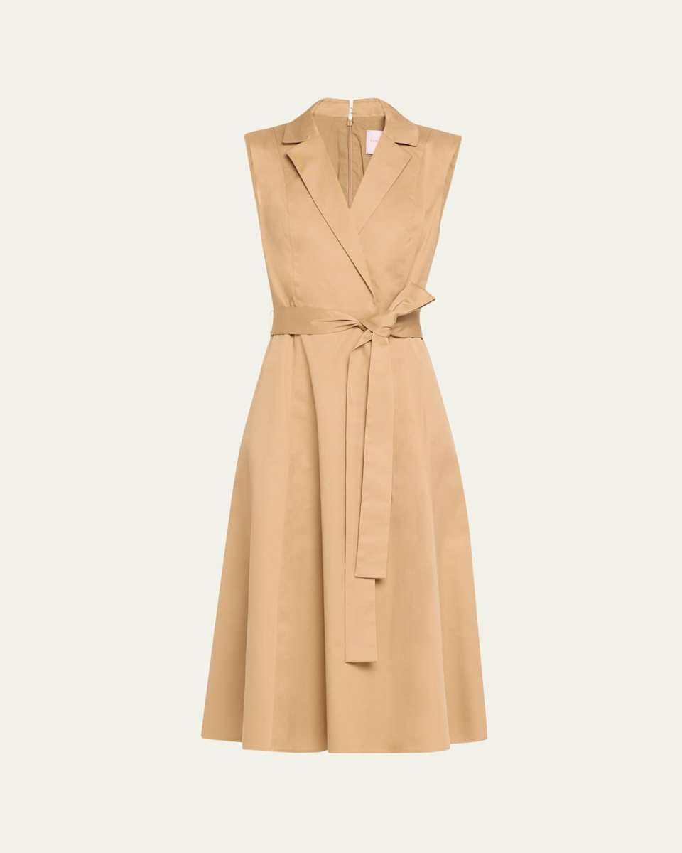 Flared Sleeveless Self-Belt Midi Trench Dress