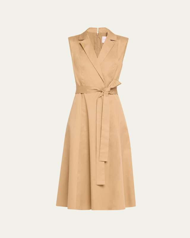 Flared Sleeveless Self-Belt Midi Trench Dress