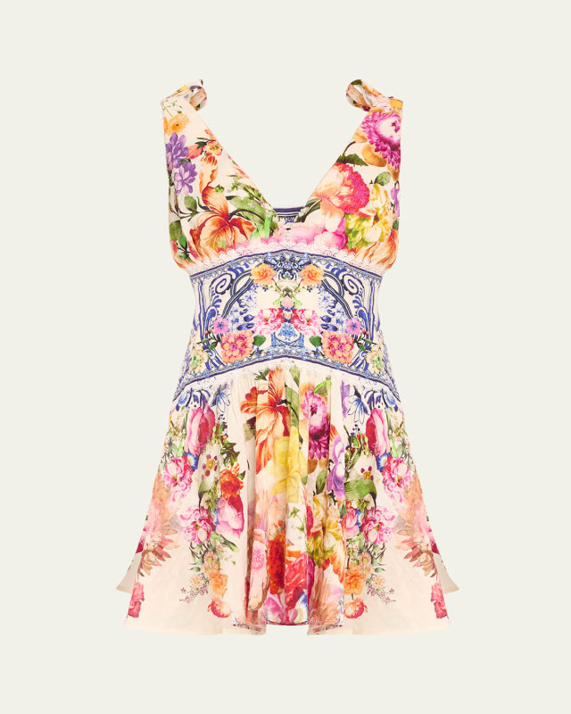 Tie-Shoulder Floral Linen Silk Mini Dress