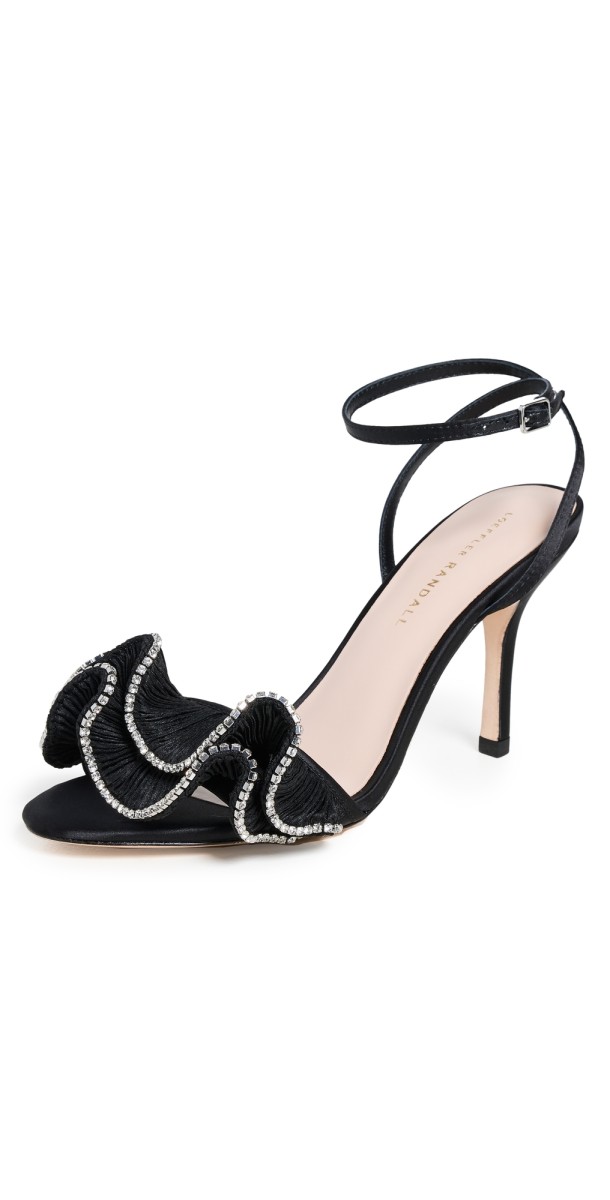 Loeffler Randall Estella Pleated Ruffle High Heel Sandals with Ankle Strap Black/Crystal
