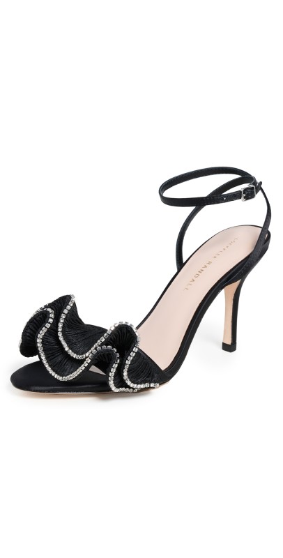 Loeffler Randall Estella Pleated Ruffle High Heel Sandals with Ankle Strap Black/Crystal