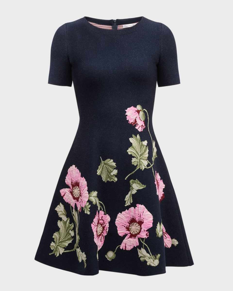 Jewel-Neck Poppies Jacquard Short-Sleeve Mini Dress