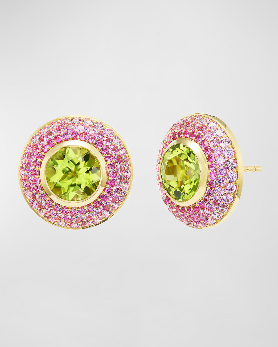 Ombre Pink Sapphire and Peridot Button Stud Earrings
