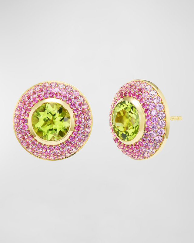 Ombre Pink Sapphire and Peridot Button Stud Earrings