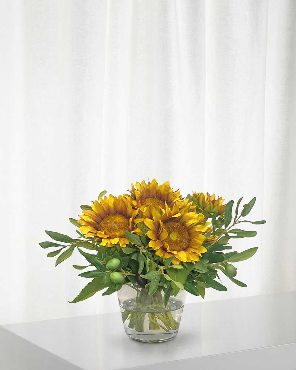 Sunflower & Olive Arrangement in a Clear Vase