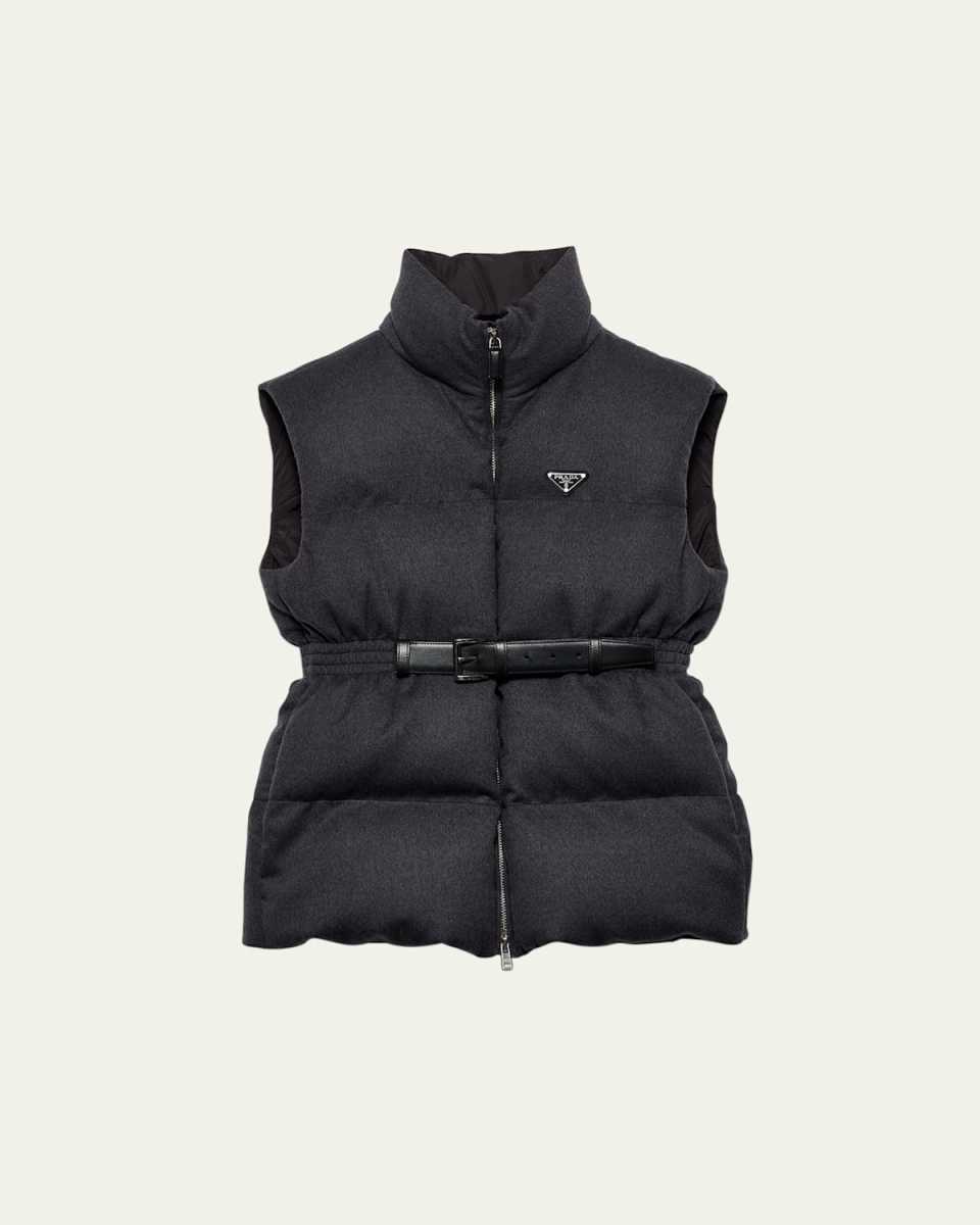 Leather Belted Wool Puffer Vest