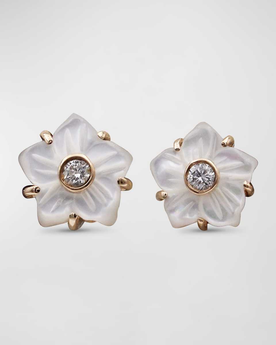 White Mother of Pearl and White Diamond Stud Earrings in 18K Gold
