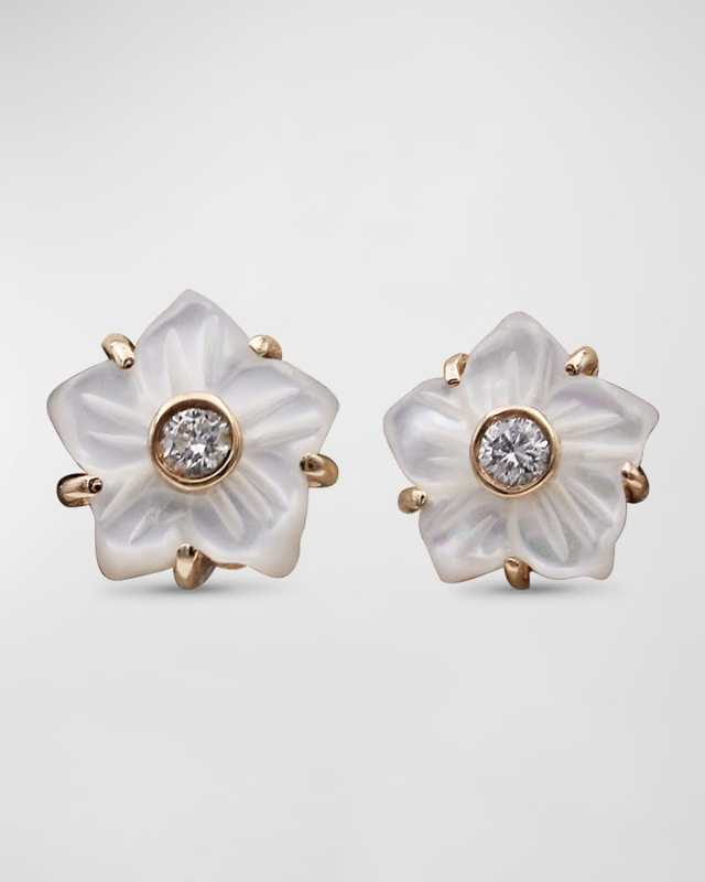 White Mother of Pearl and White Diamond Stud Earrings in 18K Gold