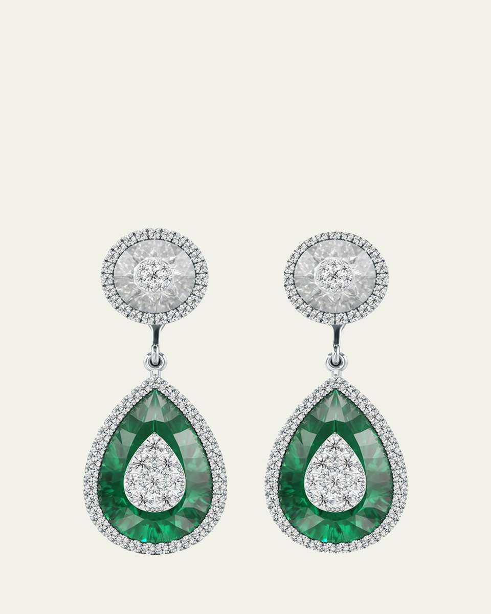 One Collection Pear-Shape Drop Earrings with Diamond Halo & Fusion Emerald
