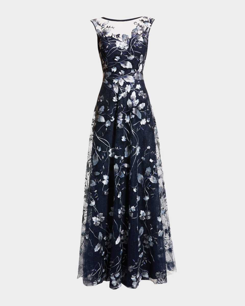 Cap-Sleeve Embroidered Tulle A-Line Gown