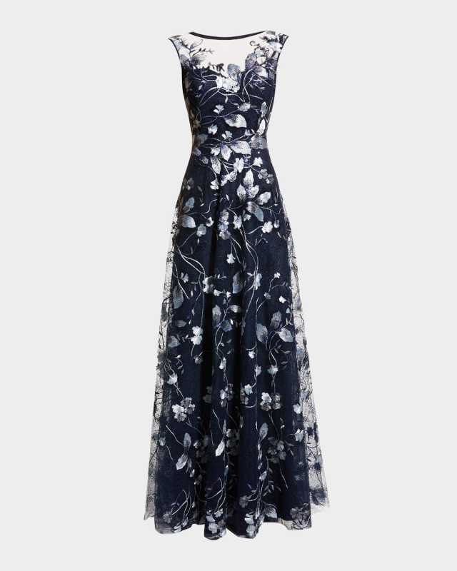 Cap-Sleeve Embroidered Tulle A-Line Gown