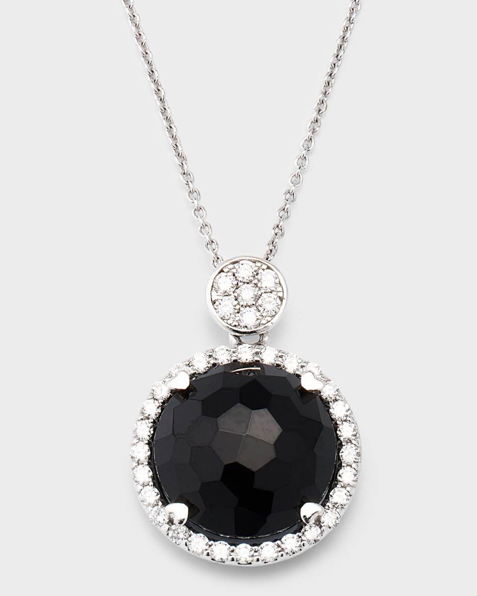 Rocks 18K White Gold Round Black Onyx and Diamond Pendant Necklace, 18"L