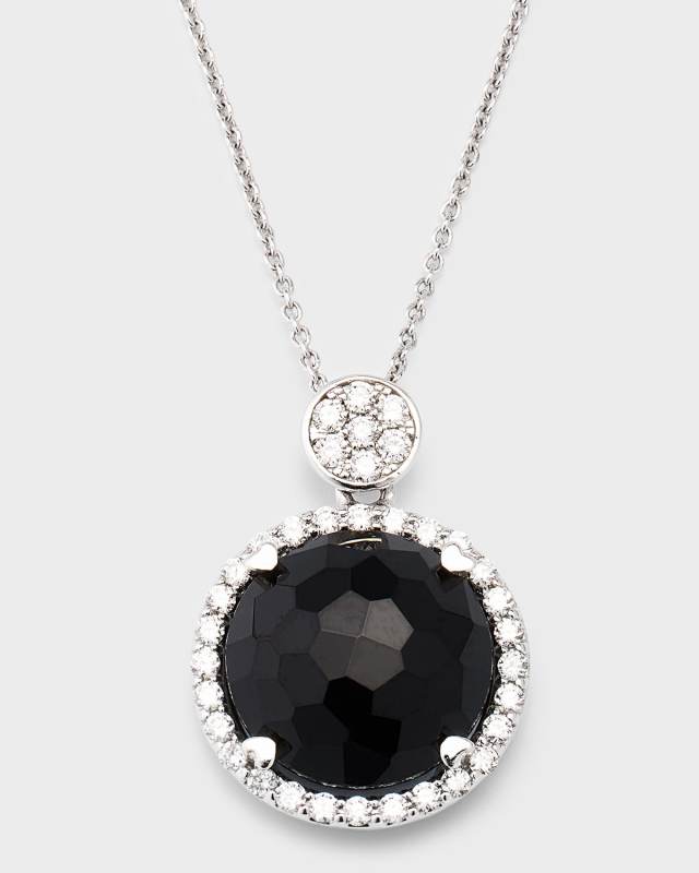 Rocks 18K White Gold Round Black Onyx and Diamond Pendant Necklace, 18"L