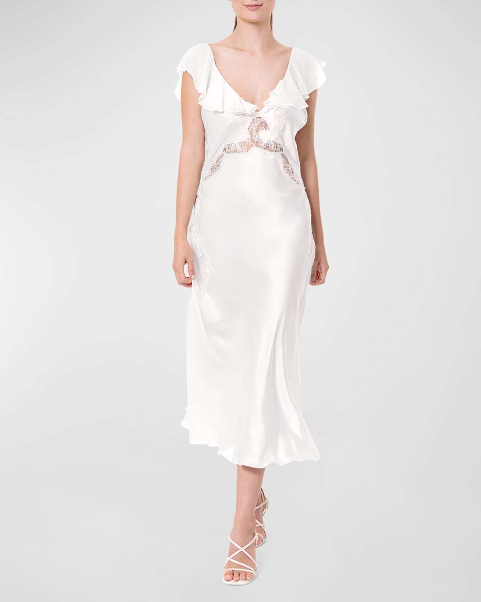Angel Lace-Trim Silk Charmeuse Ruffle Nightgown