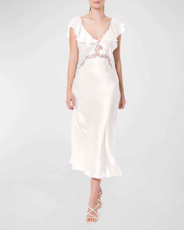 Angel Lace-Trim Silk Charmeuse Ruffle Nightgown