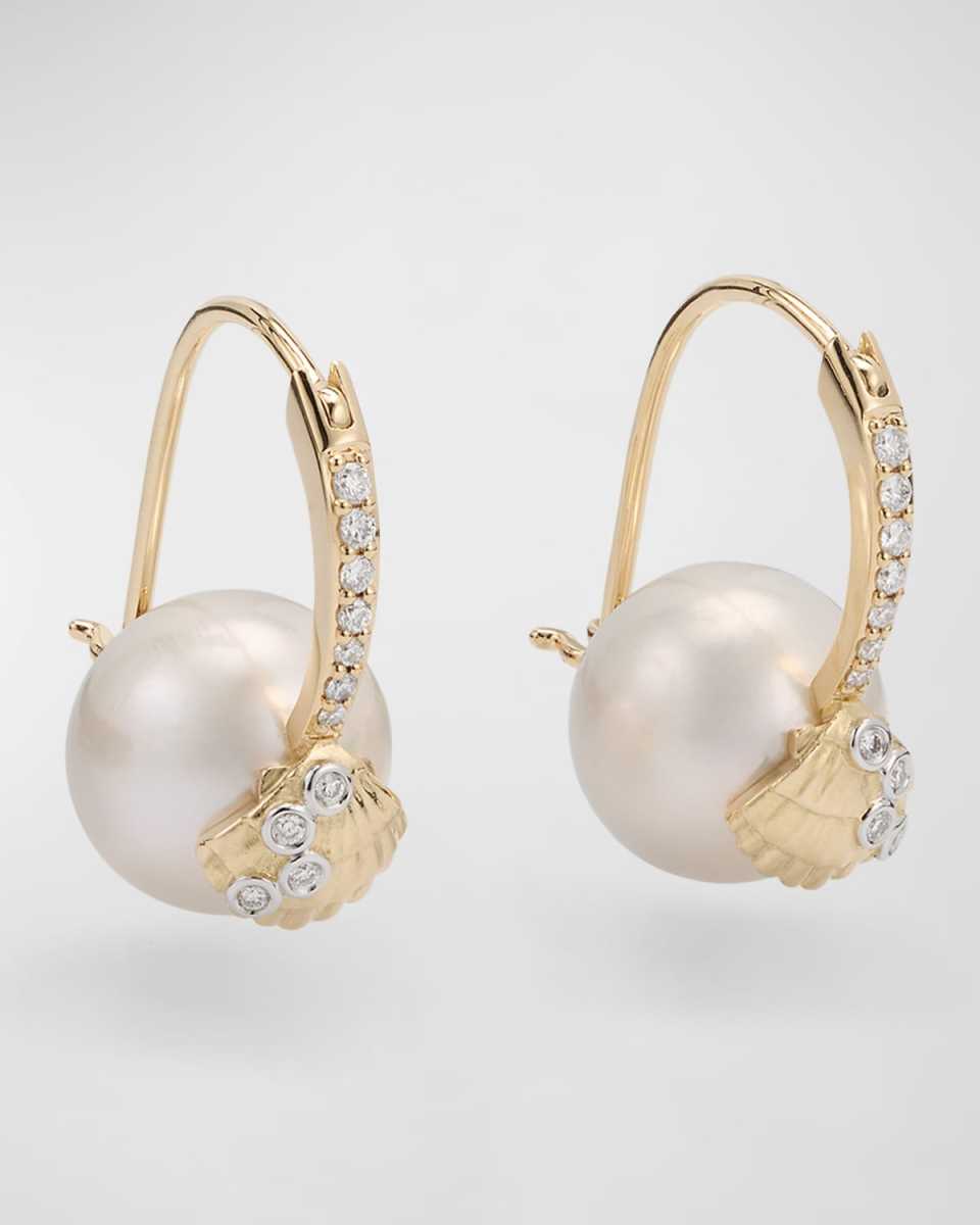 14K Gold Clamshell and 10mm Freshwater Pearl Diamond Earrings