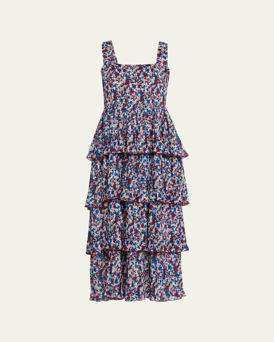 Floral Pleated Sleeveless Tiered Midi Dress