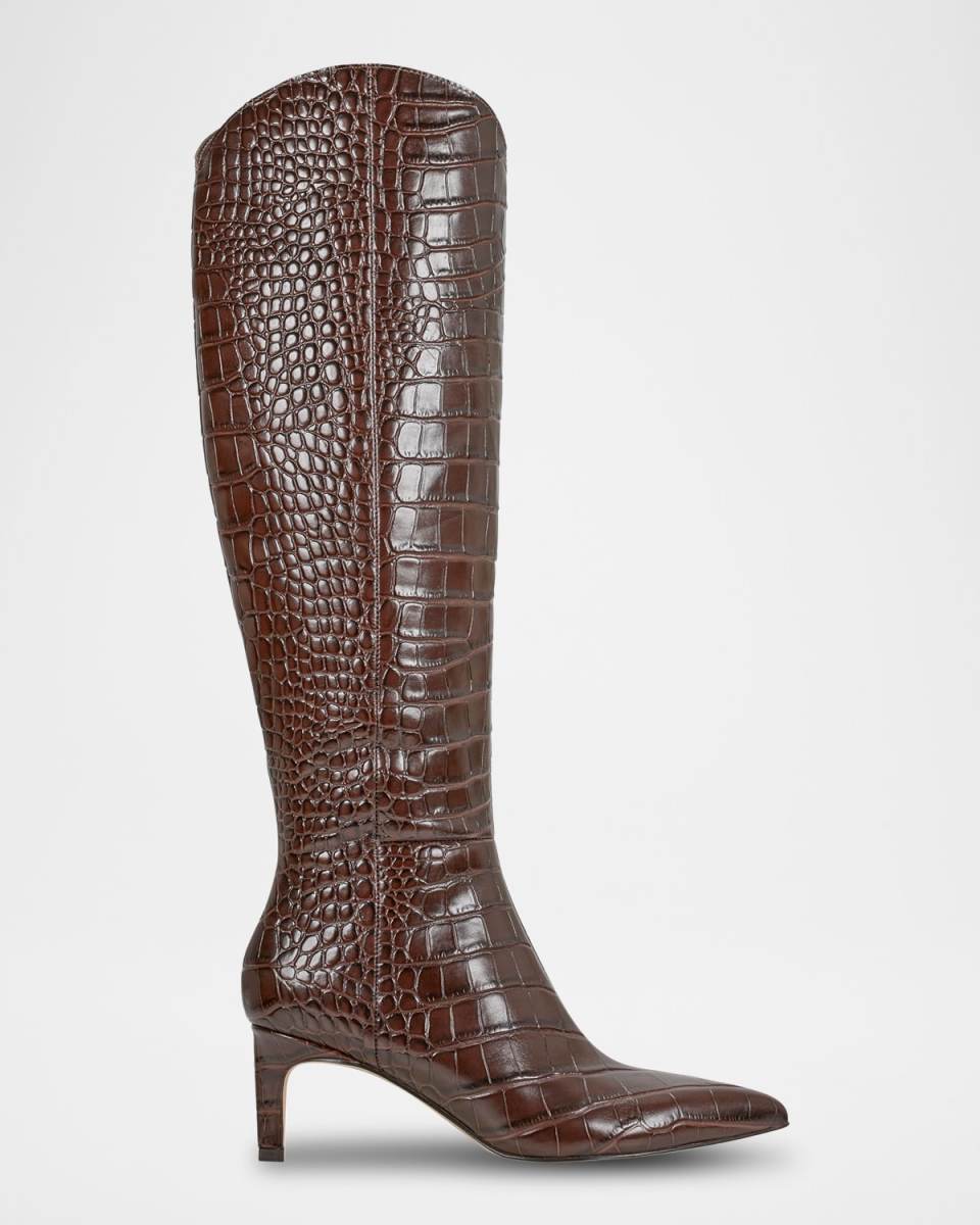 Croc-Embossed Leather Kitten Tall Boots