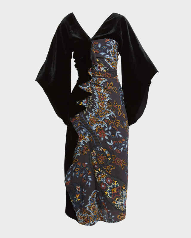 Winter Garden Paisley-Print Ruffle Velvet Midi Kimono Dress