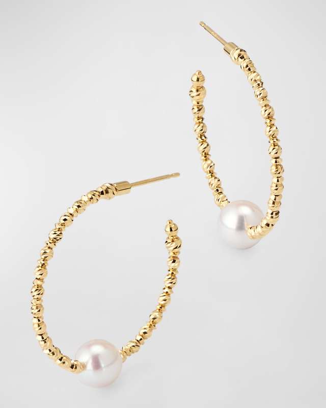 18K Yellow Gold Akoya Pearl Hoop Earrings