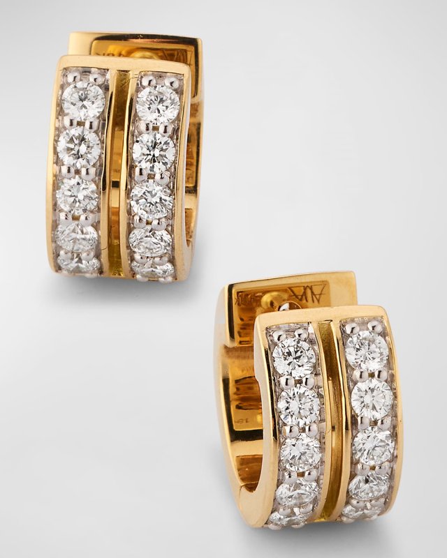 Classic 18K Yellow Gold Diamond Double Row Huggie Earrings