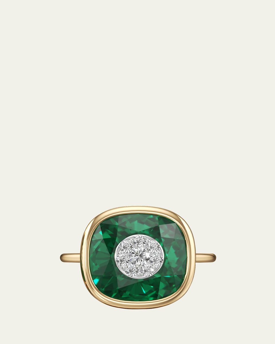 18K Yellow Gold One Collection Bezel Emerald Ring with Diamonds, Size