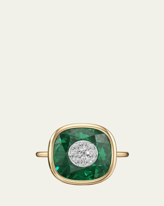 18K Yellow Gold One Collection Bezel Emerald Ring with Diamonds, Size