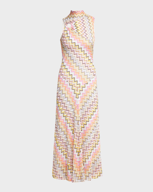 Gathered-Ring Chevron Sleeveless Midi Dress