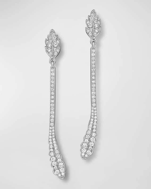 18K White Gold Phoenix Feather Earrings with Pave Diamonds, 2"L