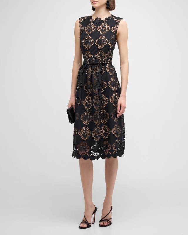 Jewel-Neck Sleeveless Gardenia Guipure Eyelet Midi Dress