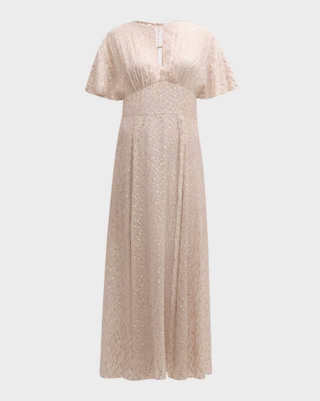 Metallic Italian Lame Fils Coupe Short-Sleeve Midi Dress