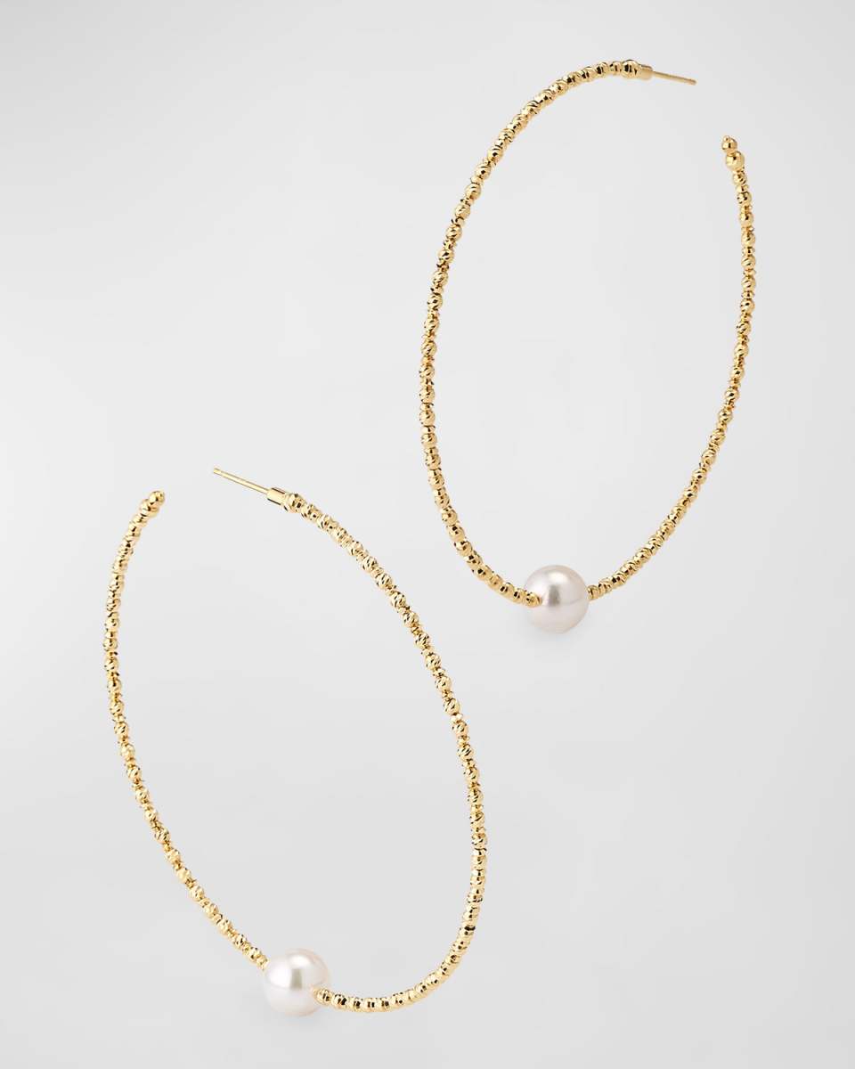 18K Yellow Gold Large Akoya Pearl Hoop Earrings