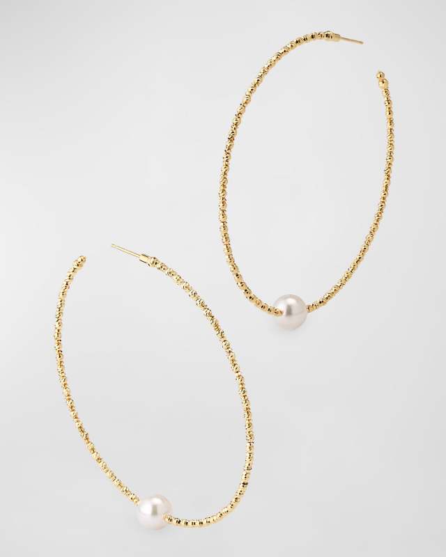 18K Yellow Gold Large Akoya Pearl Hoop Earrings