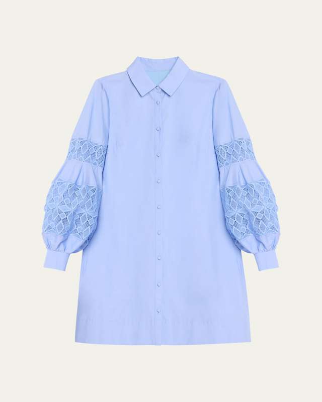 Lace-Inset Blouson-Sleeve Shirt Dress