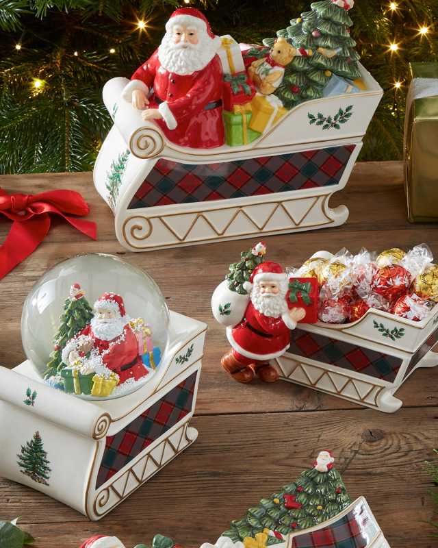 Christmas Tree Tartan Figural Santa Sleigh Candy Jar
