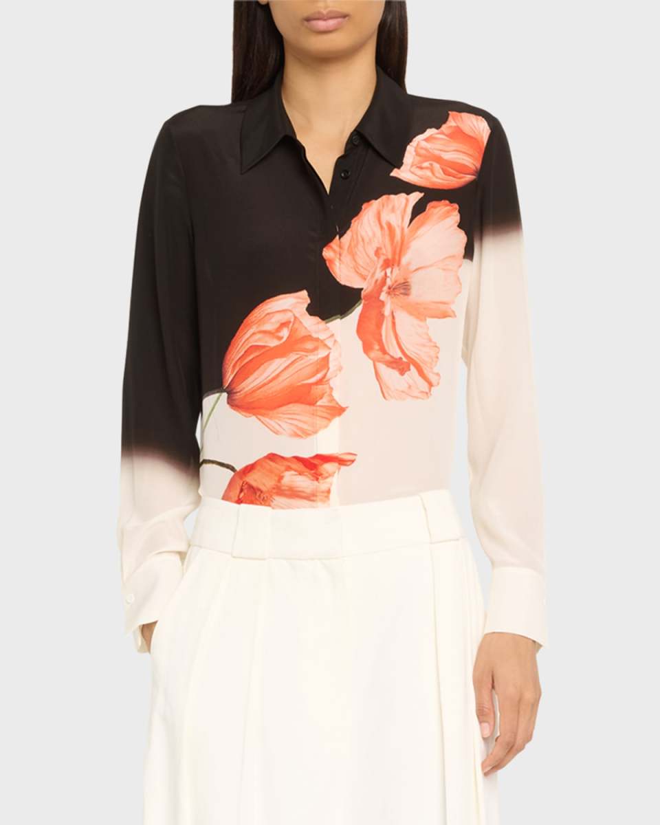Brady Two-Tone Floral Oversized Button-Front Silk Blouse