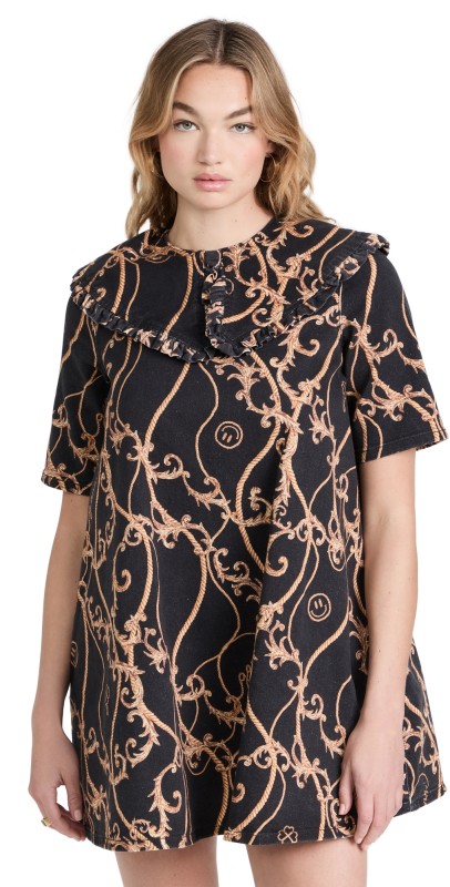 GANNI Print Denim Mini Dress Black